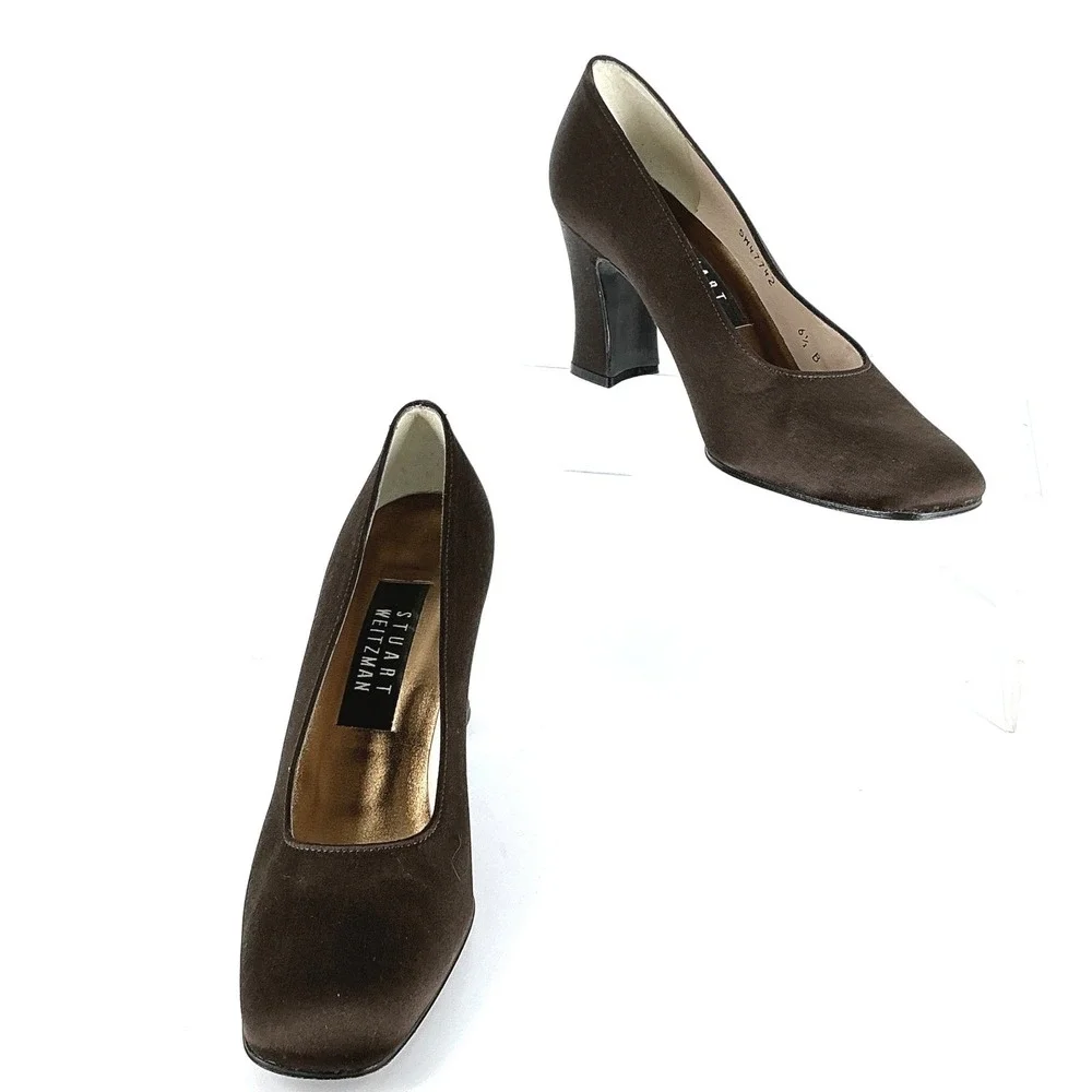 Stuart Weitzman Size 6.5 Brown Satin Square Toe Block Heel Pumps